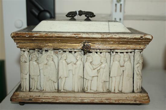 A Venetian bone and intarsia inlaid casket, 15th century, length 7.5in., height 6.25in. with handle, possible later alterations